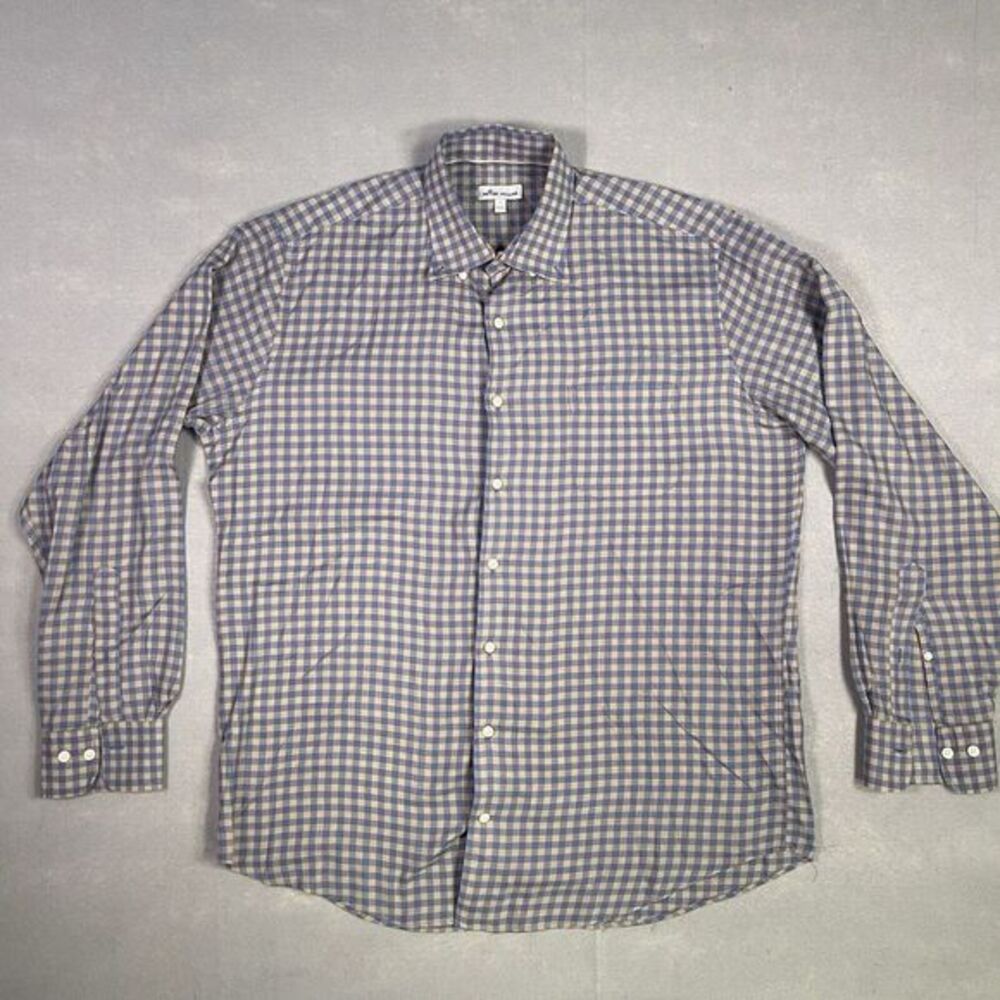 Peter Millar Dress Shirt Men Large Blue Gingham‎ Checks Casual Career Office